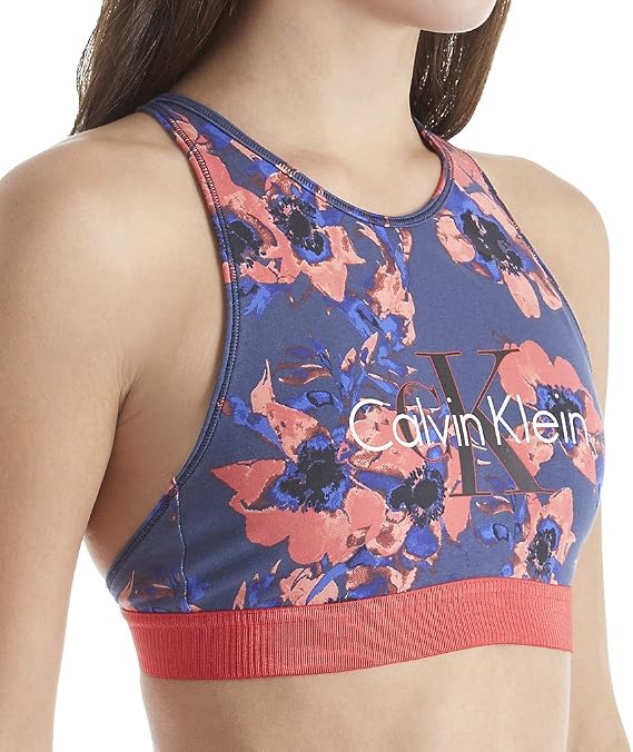 Calvin Klein Retro Calvin Unlined High Neck Bralette Blue Inverted Floral