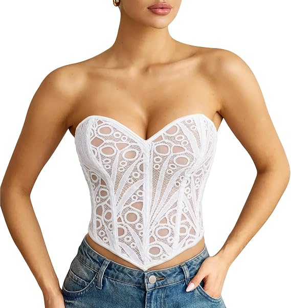 LEACOOLKEY Sexy Sheer Lace Corset Top Women's See Through Palace Bustier Lace-up Corset Going Out Crop Top Club Party