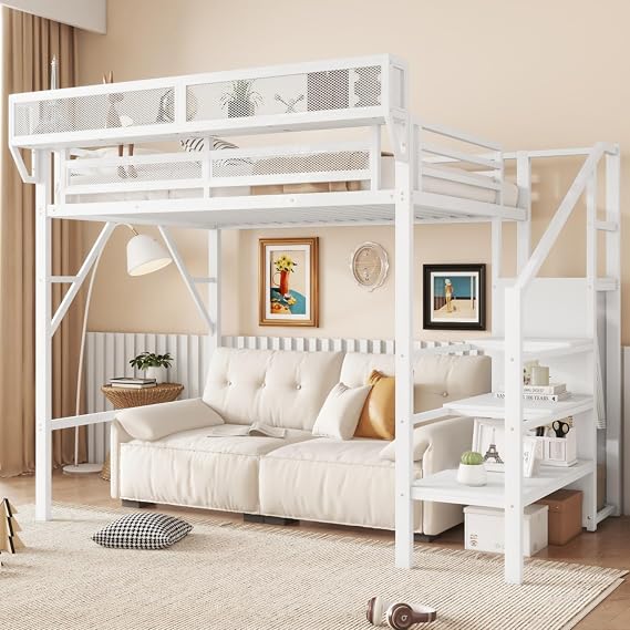 Twin XL Size Loft Bed with Storage Stairs, White | Converted Metal Loft Bed Frame with Storage Shelves, Wardrobe, Space Saving, for Kids Adults, No Box Spring Needed