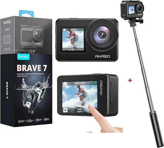 AKASO Brave 7 4K30FPS 20MP WiFi Action Camera with Touch Screen EIS IPX8 33FT Waterproof Camera with 60cm Selfie Stick Tripod Stand Bundle