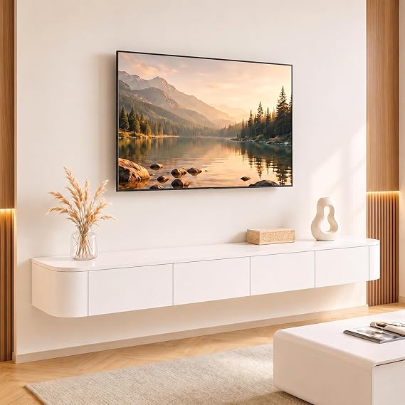 Modern Floating TV Stand | Wall-Mounted Entertainment Media Console | Large Storage TV Bench for Living Room & Office (White, 102.3'')