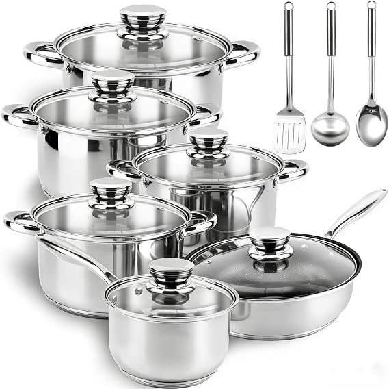 Stainless Steel Pan Set - 15-Piece Non Stick Pots and Pans Set with Quick Even Heating, Non Stick-Free Cookware, Induction Pan Set Oven Safe with Stay-Cool Handle