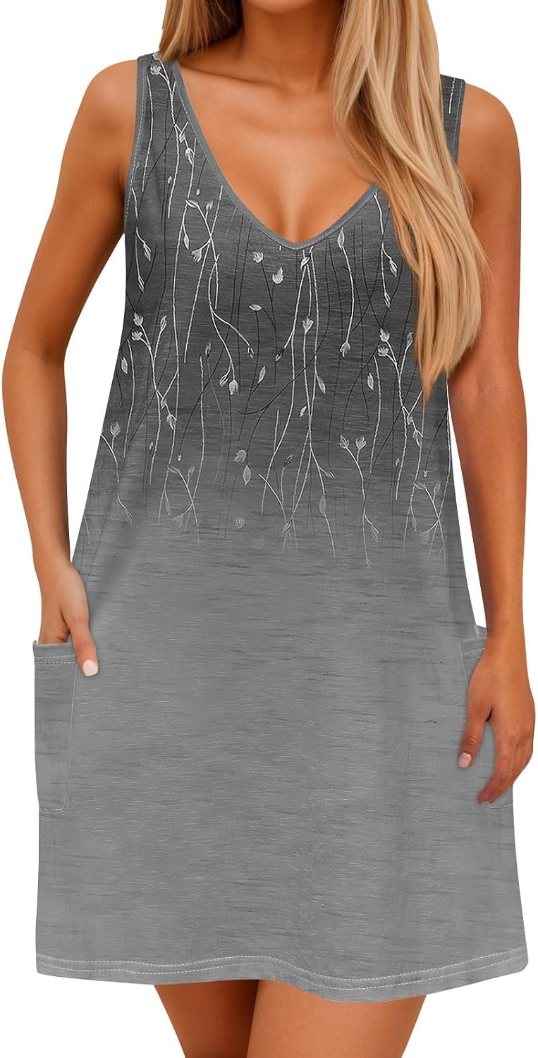 Summer Dresses for Women Sleeveless V Neck Boho Floral Printed Tank Dress Beach Vacation Sundress with Pocket