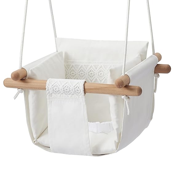 Secure Baby Swing Seat with Safety Belt - Baby Canvas and Wooden Swing Chair with Lace Decor Cushion -Indoor Swing for Infants & Baby Swing Outdoor - Tree Toddler Swing for Backyard Outside, White
