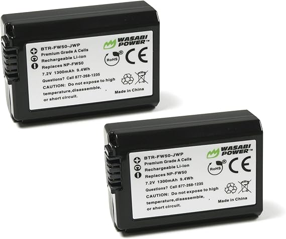 Wasabi Power NP-FW50 Camera Battery (2-Pack) for Sony ZV-E10, Alpha a5100, a6000, a6300, a6400, a6500, Alpha a7, a7 II, a7R, a7R II, a7S, a7S II, Cyber-Shot DSC-RX10 II, RX10 III, RX10 IV and More