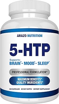 5-HTP 200 MG Per Serving Plus Calcium for Mood, Sleep Supports Calm and Relaxed Mood 99% High Purity 120 Capsules Arazo Nutrition