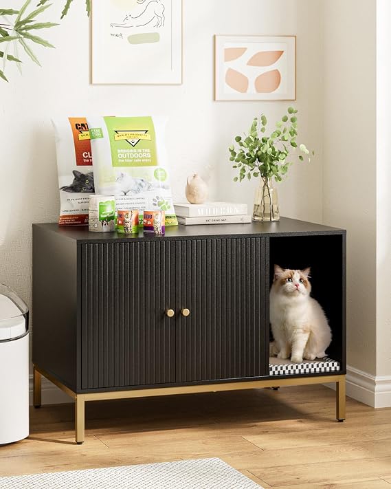 Cat Litter Box Enclosure, Black Litter Box Furniture Hidden with Scratching Mat,Hidden Cat House for Indoor,Fit Most Cats and LitterBox(Black,Fluted)