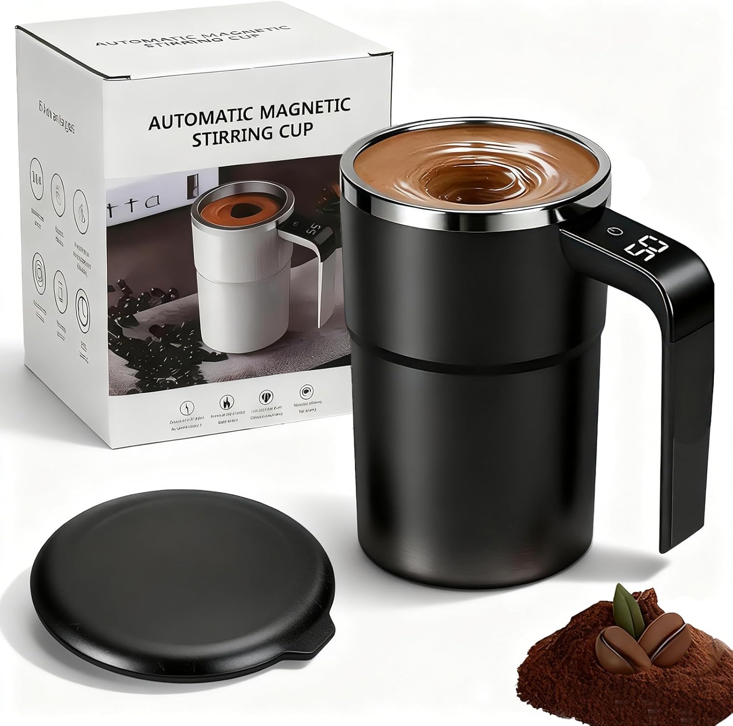 Self Stirring Mug, Self Stirring Mug Rechargeable, Self Stirring Coffee Mug, Automatic Magnetic Stirring Coffee Mug with Temperature Display, Smart Mug for Coffee, Milk, Cocoa, 380ml (Black)