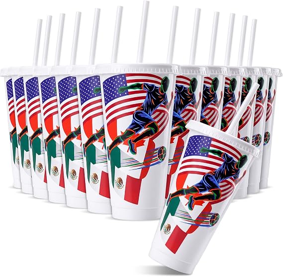 Skylety 24 Pcs Soccer Cups with Lids and Straws, 24 oz Reusable Soccer Party Cups for Gameday, Tailgating, Stadium Events - Sports Bar Bulk Supplies, Fan Souvenirs, Match and Birthday Celebrations