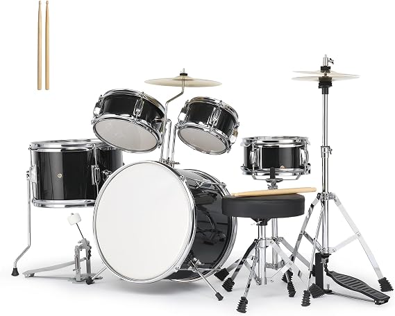 Ktaxon 5-Piece Complete Drum Set, 14 Inch Poplar Drum Kit, Black | Beginners Drumset for Kids and Juniors, Includes Throne Stool, Bass Pedal, Drumsticks, Hi-Hat Cymbal & Snare Drum