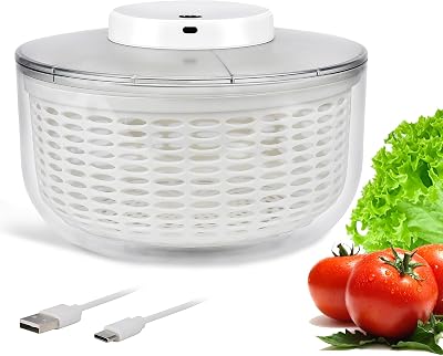 Electric Salad Spinner 6.3QT Large Capacity - Automatic Fast Drying Lettuce & Vegetable Spinner Serves 6-12 Persons with Squeeze Bottle, USB Rechargeable & Built-in Strainer