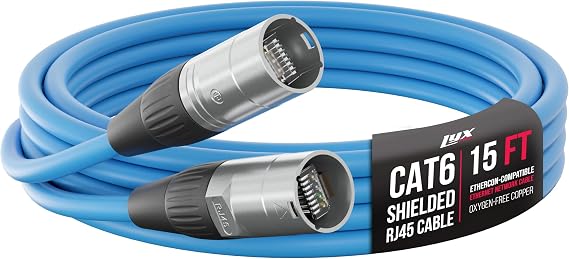 LyxPro 15 Feet Shielded CAT6 Ethercon Cable - Professional Audio & Lighting RJ45 Cable, Studio-Grade Sound Transmission, Extreme Durability - Blue