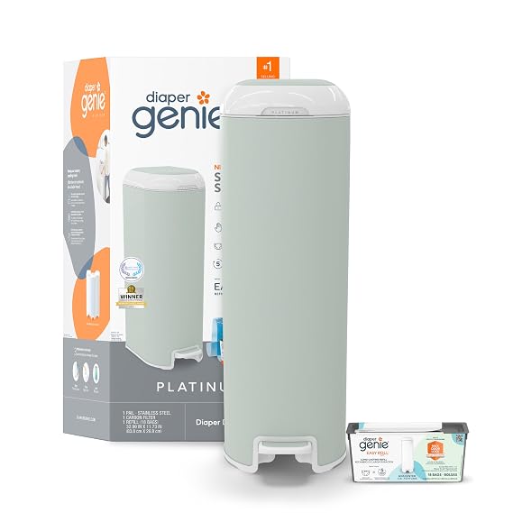 Diaper Genie Platinum Pail (Sage Green) is Made in Durable Stainless Steel and Includes 1 Easy Roll Refill with 18 Bags That can Last up to 5 Months. | Hands-free odour-locking diaper pail (sage green) includes Easy Roll tear-off bags holding up to 846 newborn diapers.