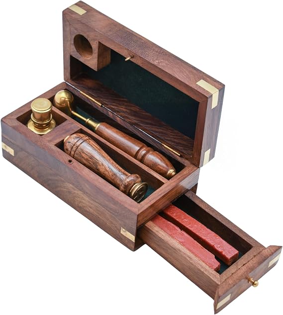 Letter Stamp Wax Seal Kit - Wooden Box with Pot, Sticks and Burner Wood Handle Seal Stamp Star Head - Ideal for Wedding Gift Invitation, Birthday Letter Envelope Sealer Set - 6" Wax Kit Gift Set