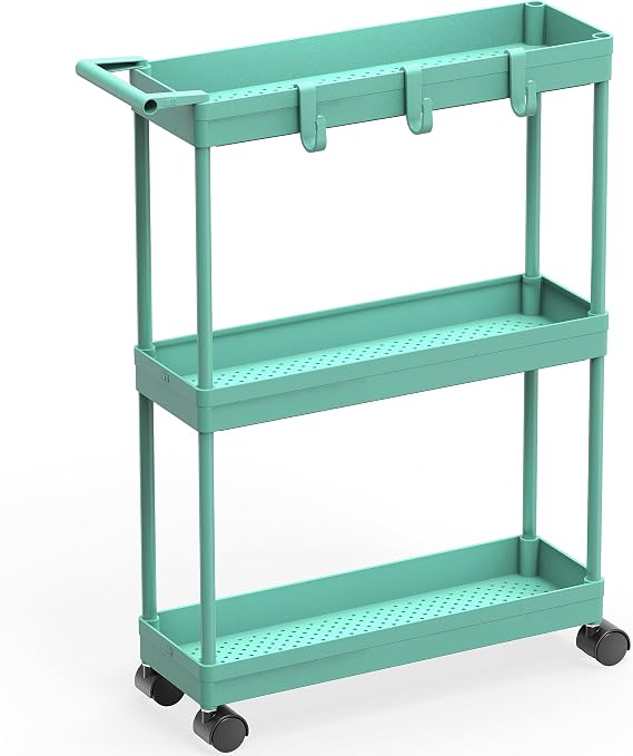 Simple Houseware 3-Tier Slim Rolling Cart w/Handle 5.5" Wx27.5 H, Turquoise | Storage Cart for Narrow Space (5.5-Inch Wide) Kitchen, Bathroom, Laundry Room