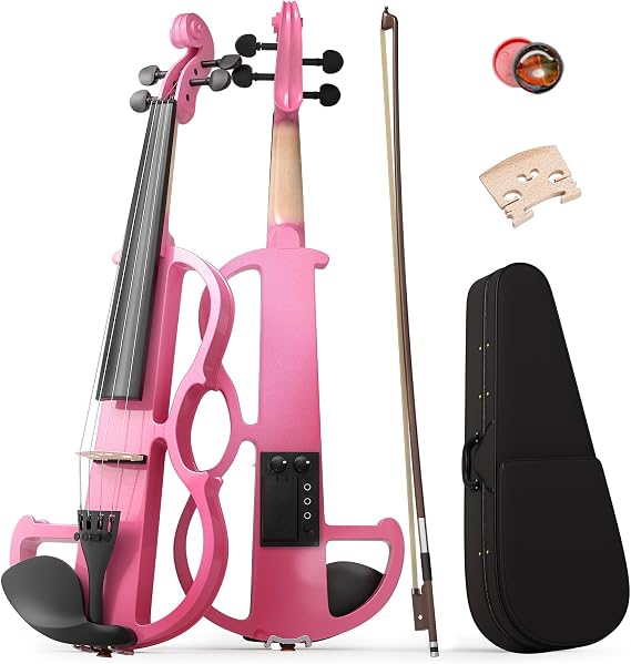 Electric Violin 4/4 Kit, Electric Violin 4/4 Full Size for Adults, Students, Beginner Violins with Case, Bow, Rosin, Headphones and Audio Cable, Pink