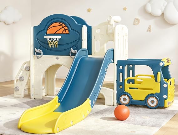 NYEEKOY 9 in 1 Bus-Themed Toddler Slide,Outdoor Playset and Playground | Multi Functional Toddler Playground Certified by CPC, Indoor Outdoor Slide for Toddlers 1-3 with Basketball Hoop and Ball