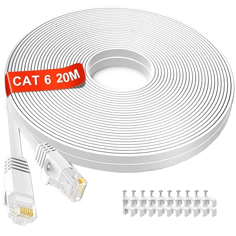 MEIPEK Flat Ethernet Cable 20m, Cat 6 Gigabit High Speed Network Cable | 1000Mbps 250MHz Pure Copper Core RJ45 Internet Wire, UTP White Patch Cord for Router Modem Switch PC