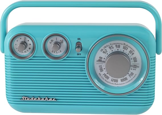 Studebaker SB2003 Retro Portable AM FM Radio | Built in Speaker | AC Powered/Battery | Aux-in Cable (Bundle) (Turquoise)