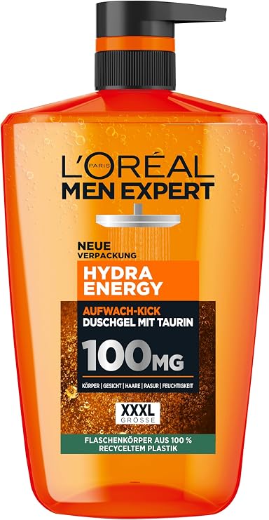 L'Oréal Men Expert L Shower Gel and Shampoo for Men Shower Bath for Cleaning Body Hair and Face Personal Care Man for Long Lasting Freshness with Taurine Hydra Energy, 1 x 1000 ml