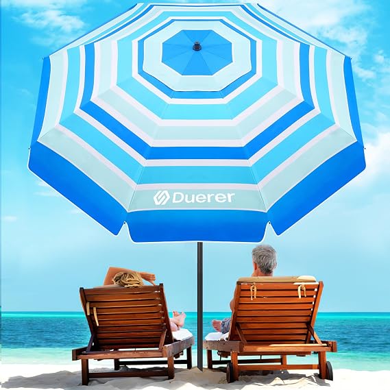 Duerer 8.5FT Beach Umbrella with Sand AnchorHeavy Duty Wind Resistant UPF 50+ Sun Shade, Portable Travel Beach Umbrella with Tilt & Carry Bag for Beach, Sand, Garden, Patio, Pool