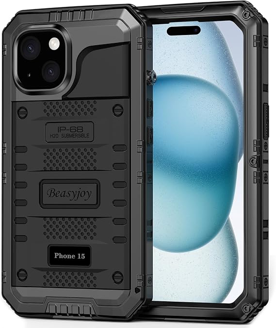 Beasyjoy for iPhone 15 Case Waterproof, Metal Heavy Duty 6.1", Black
