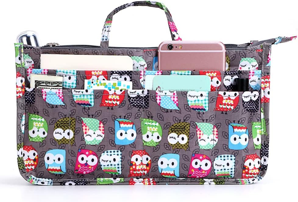 BTSKY Printing Handbag Organizers Inside Purse Insert - High Capacity 13 Pockets Bag Tote Organizer with Handle Owl
