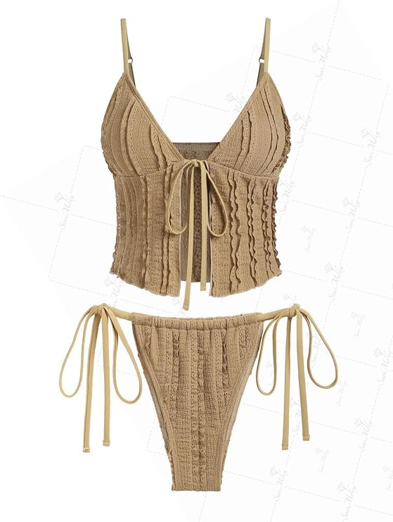 seamoly Ruffled Trim Textured Tied Side Tanga Tankini Set