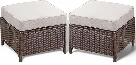 Patio Ottoman Outdoor Wicker Side Table - 2PCS Multipurpose Heavy Duty All-Weather Brown Rattan Extra Seating Bench Footrest Footstool for Garden Back Porch Poolside Apartment - Beige