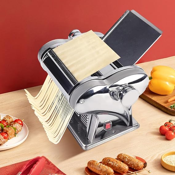 110V Electric Commercial Pasta Machine, 135W Stainless Steel Noodle Maker Machine, Two-knife Automatic Spaghetti Roller Pressing Machine, Dough Sheeter, Adjustable Thickness