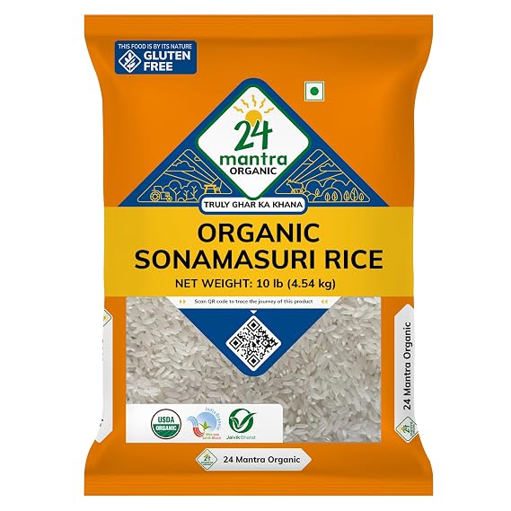24 Mantra Organic Sonamasuri Rice 10 lb Organic Rice | Good Source of Carbohydrates & Dietary Fiber | Naturally Gluten-Free & Light to Digest | USDA Certified Organic