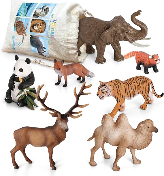 Volnau Safari Animal Figurines Toys 7PCS Asia Figures for Toddlers Kids Christmas Decoration Gift Preschool Educational Zoo Pack Elephant Camel Panda Desert Jungle Forest Set