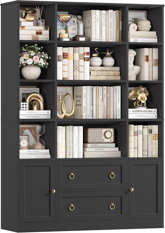 FINETONES 71" H Black Bookshelf with Doors