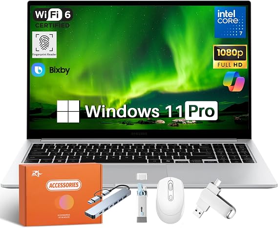 Samsung Galaxy Book4 Business Laptop, Intel 7 150U(Up to 5.4 Ghz), 15.6 Inch FHD Anti-Glare Display, 16 GB RAM, 4 TB SSD, Fingerprint Reader, WiFi 6, Type-C, Windows 11 Pro, Dolby Atmos, Accessories
