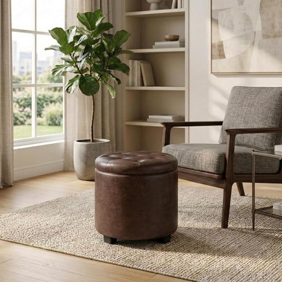 Adeco Round Storage Ottoman with Tufted Button Top, Vintage Faux Leather Footrest Stool with Removable Lid for Living Room, Bedroom, Makeup Dressing Room, Dark Brown