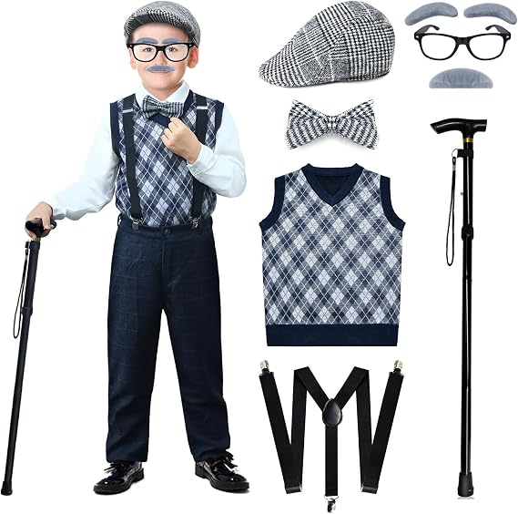 100 Days of School Costume for Boys with Grandpa Hat, Beard, Cane and Vest