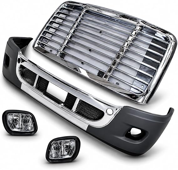 QSC Truck Parts Complete Chrome Bumper Fog Light Grille Set for Freightliner Cascadia 08-17