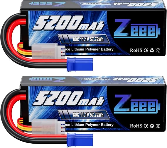 Zeee 11.1V 80C 5200mAh 3S Lipo Battery with EC5 Connector Hardcase Battery for 1/5 1/8 1/10 RC Car RC Truck Racing Models(2 Packs)