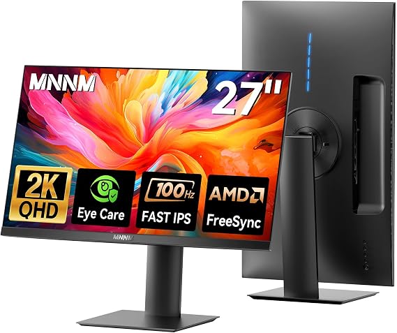 27 Inch Computer Monitor - Fast IPS 2K QHD 2560 x 1440p Desktop Monitor 100Hz 16:9 Display HDMI 2.0 & DP1.4 AMD FreeSync 100% sRGB TUV Eye Care PC Gaming Screen Support Vesa Height/Tilt/Swivel/Pivot