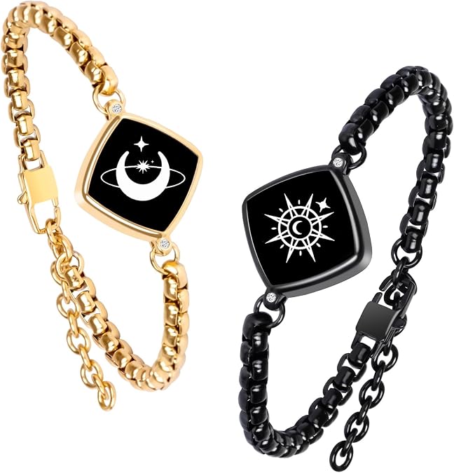 PULOMI Long Distance Touch Bracelets,Vibration & Light up Couples Bracelets, Remote Smart Matching Bracelet for Couples Long Distance Relationship Girlfriend Boyfriend Xmas Gifts Black Gold