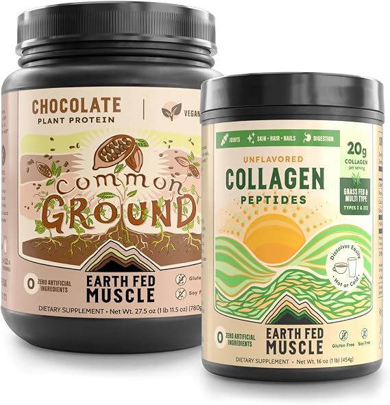 Earth Fed Muscle Vegan Protein & Collagen Bundle Chocolate Plant-Based Protein Powder + Unflavored Collagen Peptides Clean Recovery & Beauty Support Gluten-Free, Dairy-Free, Keto Friendly