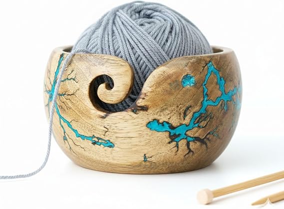 Lichtenberg Figure Yarn Bowl - Handmade Wooden Yarn Bowl for Knitting Yarn Ball Holder - Yarn Bowls with Holes Crochet Bowl Holder - Yarn Storage Bowl 7" x 4" inches (SB-Yarn Bowl)