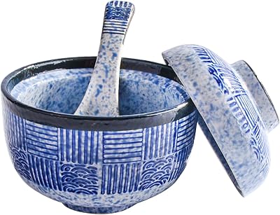 Japanese Style Ceramic Bowl with Lid and Spoon, 8.5oz Blue Pattern Stewpot, Covered Bowl with Spoon for Soups, Noodles, Desserts, Microwave Safe