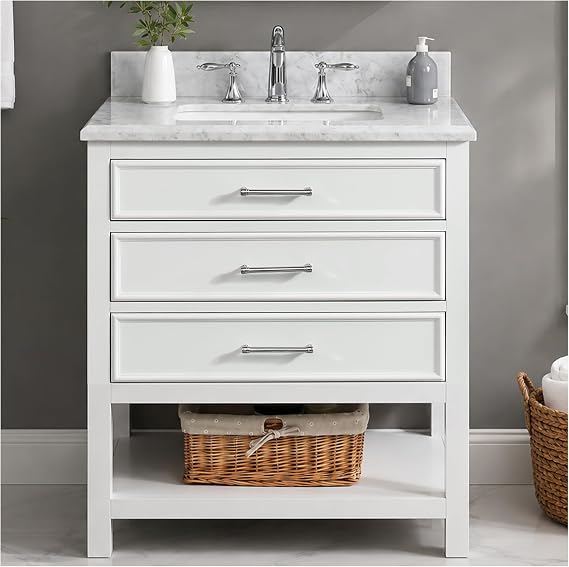 TILE & TOP 30" Bathroom Vanity with Sink Storage Cabinet, White Solid Wood | Freestanding Bathroom Cabinet with Drawers & Open Storage Shelf, Adjustable Feet, Carrara Marble Top and Backsplash