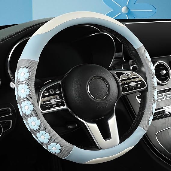 Car Steering Wheel Cover for Women Cute Flower Blue Steering Wheel Cover Leather Non-Slip Fit 15 inch