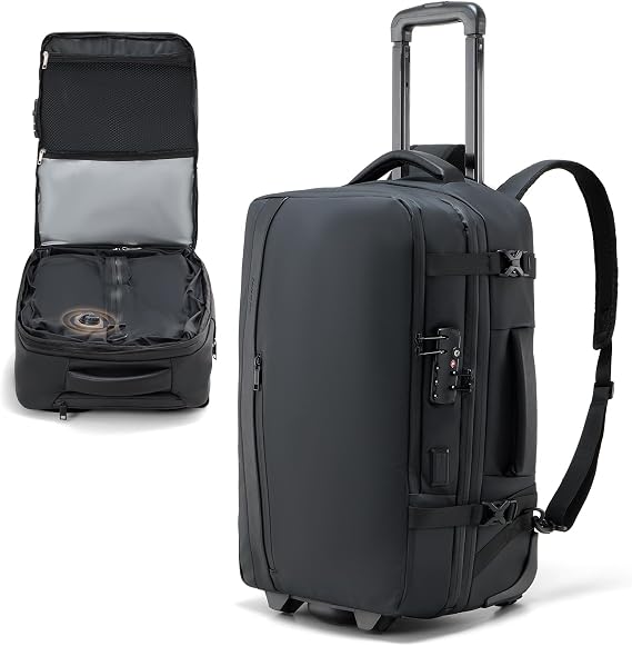 Fanwoli Rolling Vacuum Backpack Travel,One-Button Compression,TSA Carry-On | 54L Expandable | 2-In-1 Design | Built-In Electric Pump | Dual-Zipper TSA Lock | Waterproof | Fits 18 Laptop