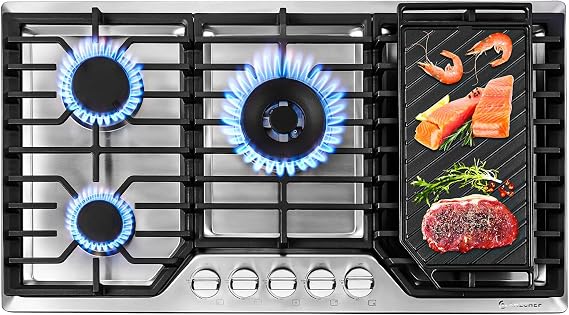 AMZCHEF 36 Inch Gas Cooktop with Griddle, 5 Italy SABAF Sealed Burners | Max 48,300 BTU Built-in Gas Stove Top, 304 Stainless Steel Panel, NG/LPG Convertible, ETL Certified