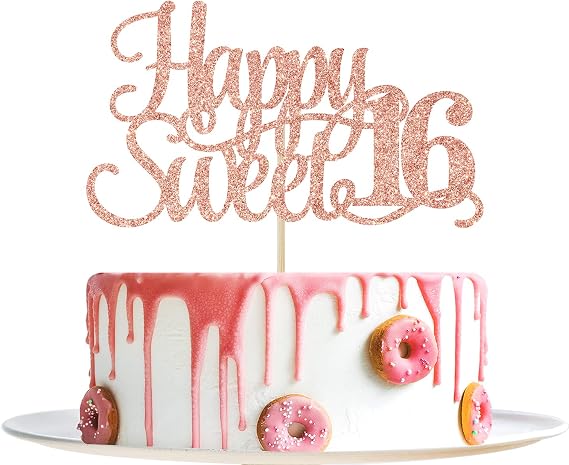 Rose Gold Glitter Happy Sweet 16 Cake Topper - Happy 16th Birthday Cake Decor - Hello 16, Cheers to 16 Years Birthday Party Decoration Supplies