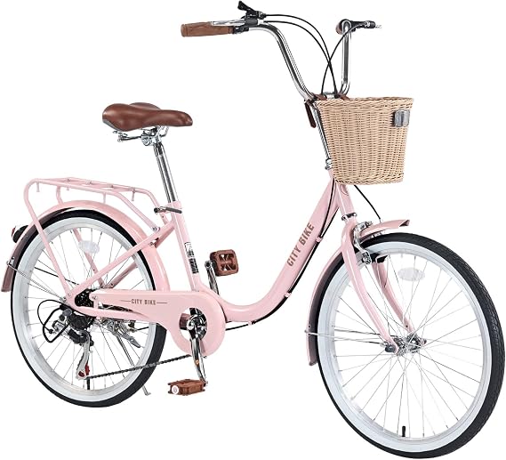 Girl Bike with Rattan Basket, 22 Inch Kids' Bicycles, Cruiser Bike Low - Step Through Steel Frame for Kids Ages 8-12,7 Speed City Bike Capliper Brake with Rear Rack,Princess Girls Kids Bike