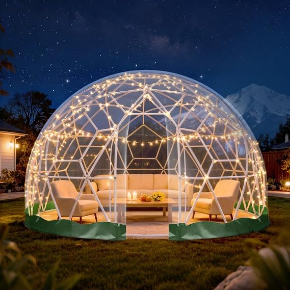 9.5 * 5.7FT Garden Dome Tent, Upgraded Weatherproof Geodesic Dome Greenhouse Bubble House Camping Tent with Transparent Cover for 2-4 Person, Garden Dome with Window for Outdoor, Party, Green